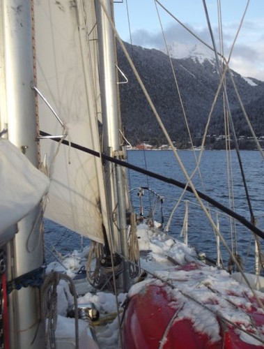 Sitka, Alaska, where she over-wintered showing snow on the deck ©  SW